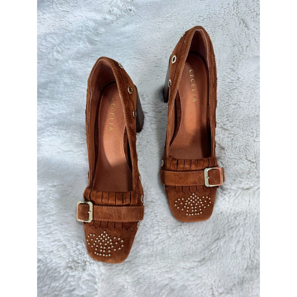 Cecelia New York Gina Studded Suede Pumps 6.5 Brown Kiltie Buckle Block Heel